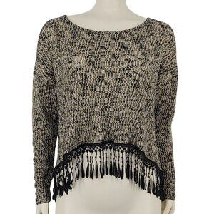 Women's Mind Code Cropped Fringe Sweater Black Cream Small Oversized Long Sleeve